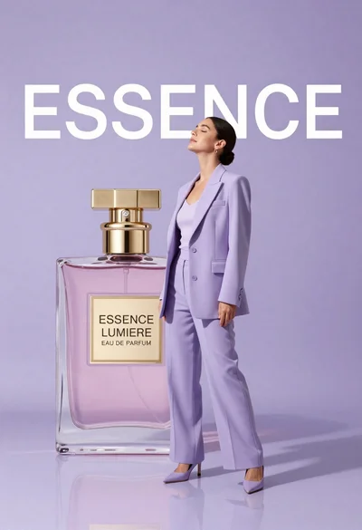 Woman in lavender suit standing beside giant perfume bottle in studio