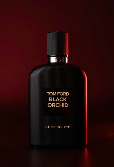 Close up product shot of black perfume bottle with gold lettering