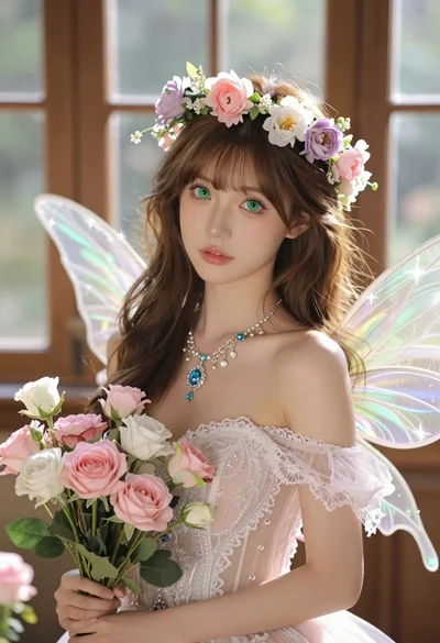 Hyperrealistic portrait of fairy woman with green eyes in sunlit conservatory