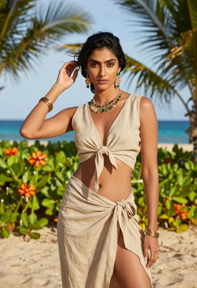 South asian model in beige linen outfit on sunny beach
