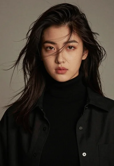 Portrait of young woman with dark hair intense gaze