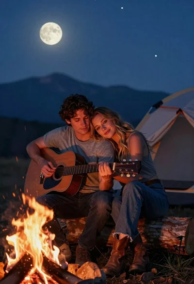 Romantic couple by campfire under starry night with mountains