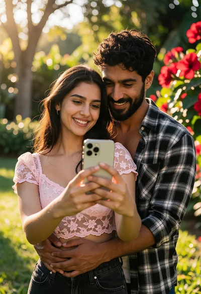 Romantic couple taking a selfie in a sunlit garden setting