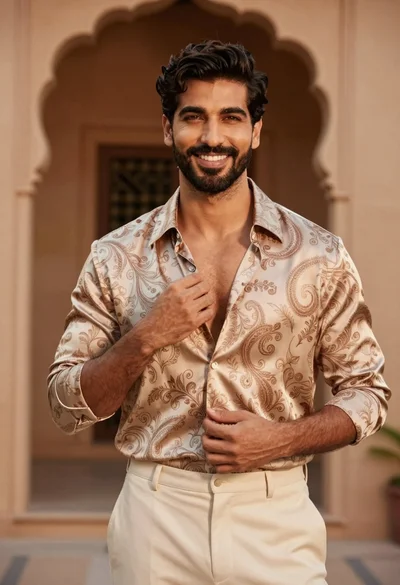 Handsome man adjusting shirt collar in warm architectural setting