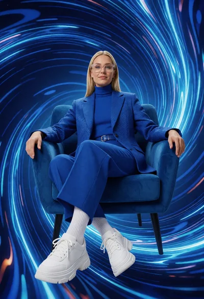 Blonde woman in royal blue suit seated before swirling electric energy vortex