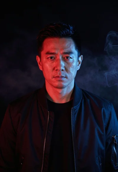 Cinematic portrait of middleaged asian man in black jacket with red blue