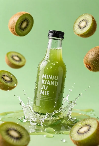Clear glass kiwi juice bottle frozen in midair splash against green background