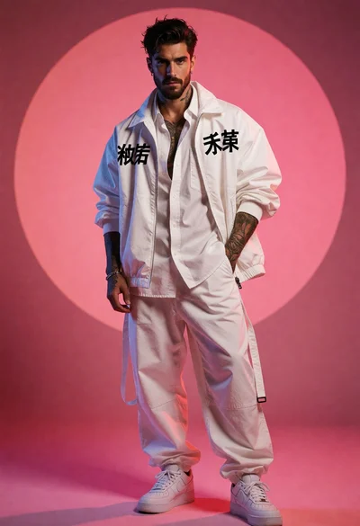 Full body portrait of stylish man in white jacket against pink circle