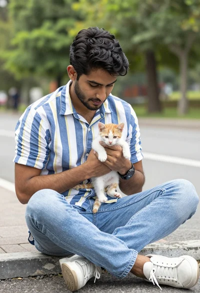 Young man sitting on curb holding kitten outdoors with green foliage background