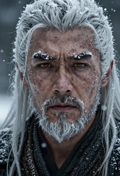 Hyperrealistic portrait of a warrior in falling snow