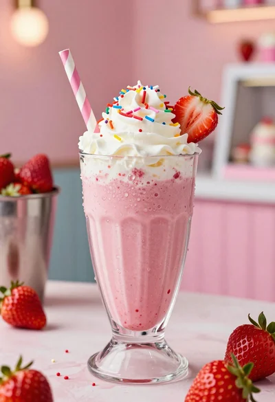 Close up of strawberry shake with whipped cream and berries