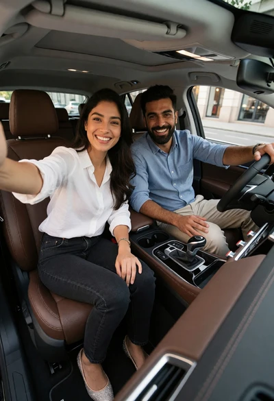 Smiling couple taking a selfie inside a modern car cabin