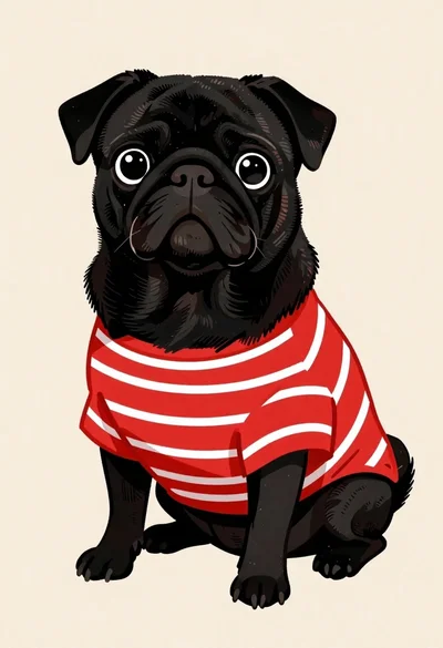 Cartoon pug wearing striped red dress on beige background