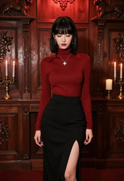 Woman in crimson top and black skirt in ornate room