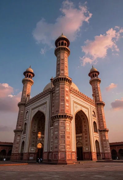 Low angle view of massive historic gateway with towering minarets and arches