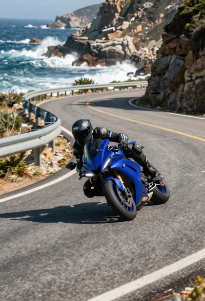 Motorcyclist on blue sportbike leaning into turn on coastal highway
