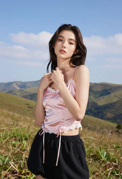 Young woman in pink camisole standing in sunlit rolling hills