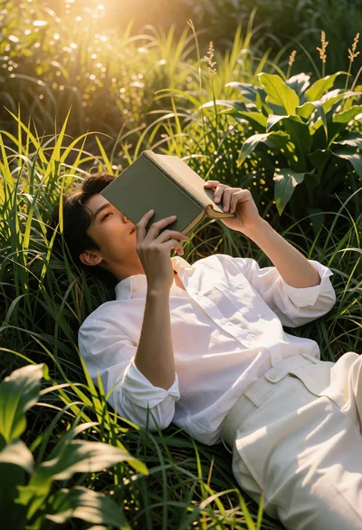 Man reading book in tall green grass under warm golden sunlight