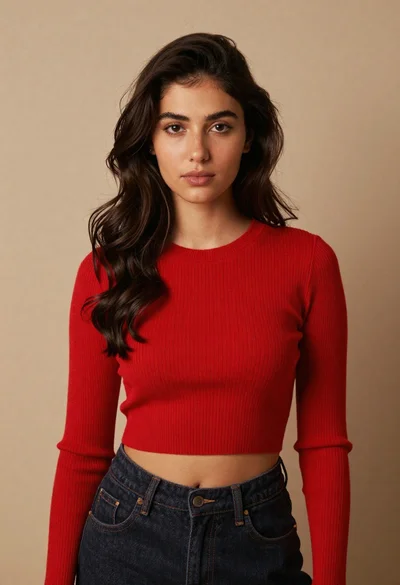 Portrait of young woman in red crop top and dark jeans against