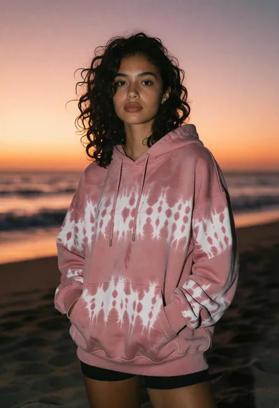 Young woman in dusty pink hoodie standing on beach at vibrant sunset