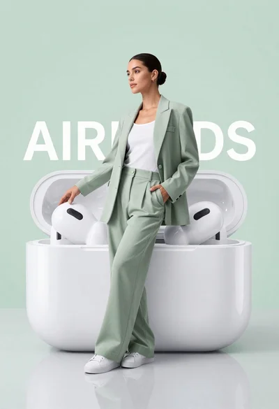 Stylish woman in sage green blazer leaning against white charging case