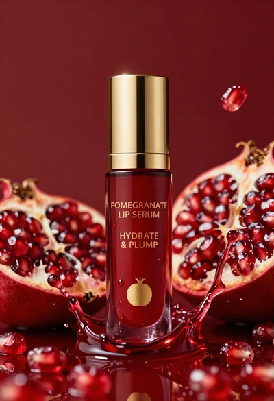Luxurious cosmetic bottle of pomegranate lip serum with deep red liquid splash