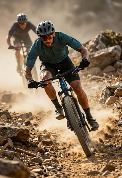 Low angle shot of man mountain biking aggressively down dusty rocky trail