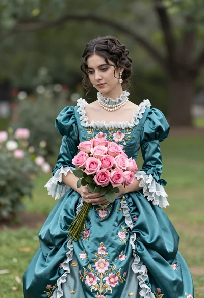 Young woman in teal victorian gown holding pink roses in lush garden