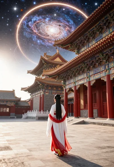 Figure in hanfu dress before cosmic portal in courtyard