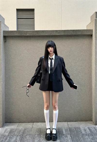 Young woman in blazer mini skirt standing in urban alleyway daylight