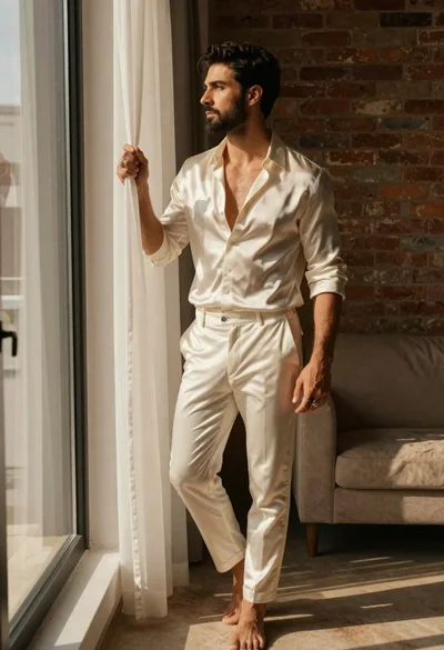 Handsome man in cream shirt by large window