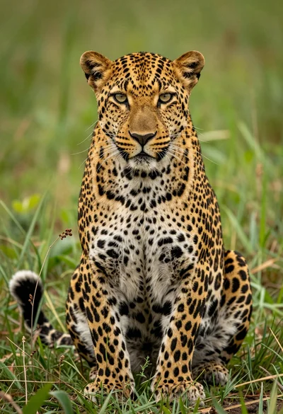 Majestic leopard sitting upright in lush green grass close up portrait