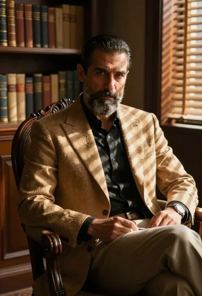 Man in blazer seated by window blinds casting shadows