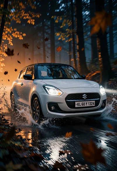 White hatchback speeding through wet forest road at night with splashes