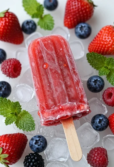 Top down close up of red strawberry popsicle on ice with fresh