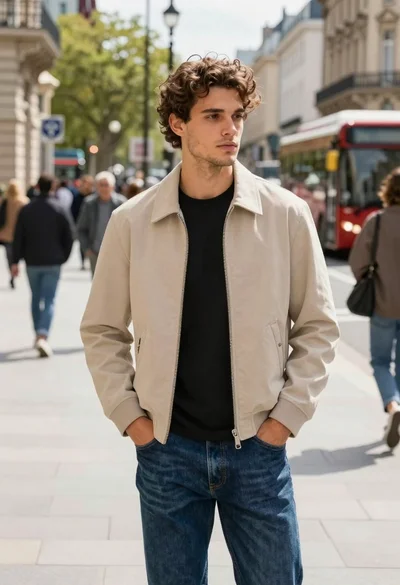 Handsome young man standing on european street in beige jacket