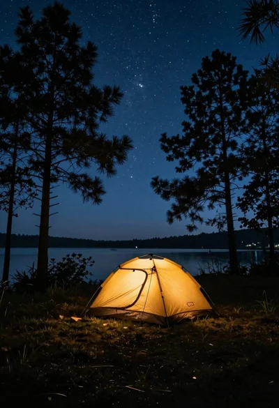 Camping tent glowing with warm light between dark trees under starry night