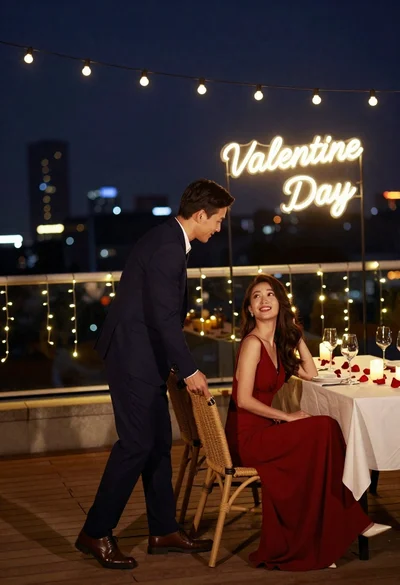 Couple sharing intimate moment at rooftop dinner overlooking city skyline