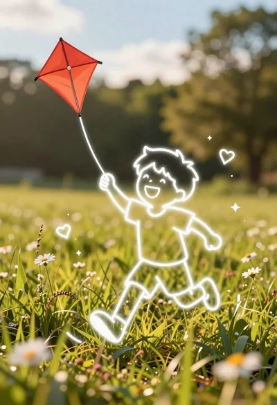 Happy boy running in a sunlit meadow flying a red kite