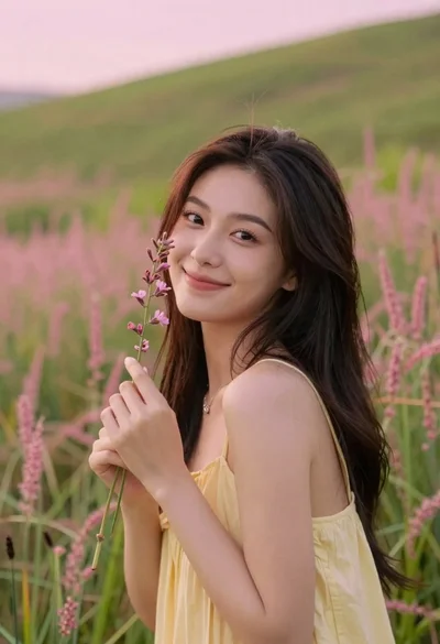 Young woman with dark hair holding wildflowers in a lush green field