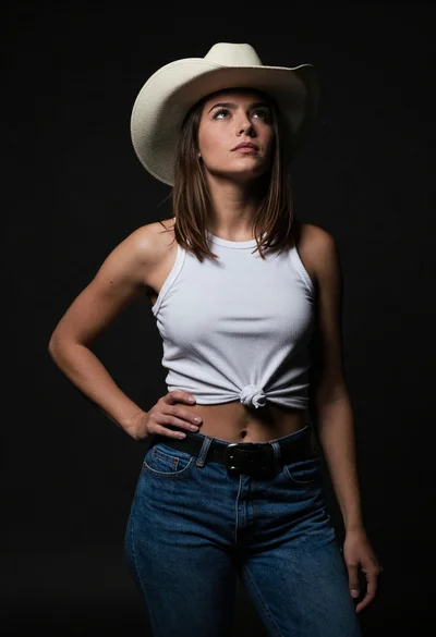 Confident woman in cowboy hat posing against dark studio background