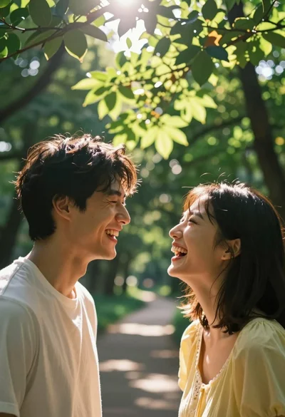 Joyful couple laughing under bright sunlight filtering through green forest canopy