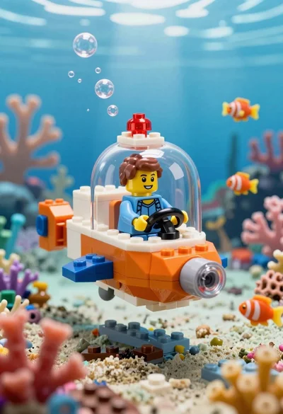 Lego minifigure pilot inside transparent orange submarine exploring coral reef underwater