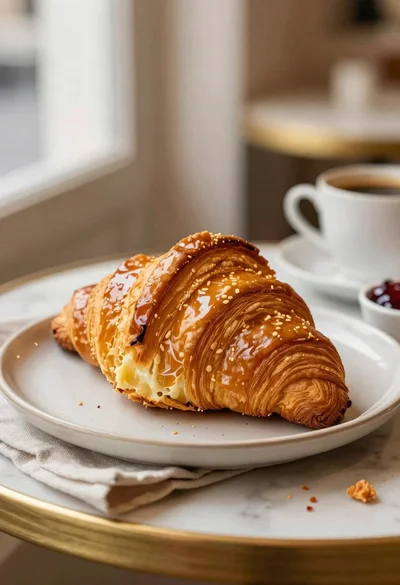 Close up of flaky buttery croissant on cafe table with coffee and