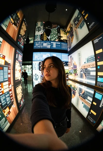 Woman taking self portrait in glowing cityscape tunnel