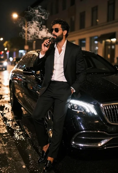Man in black suit sitting on luxury car hood on wet city