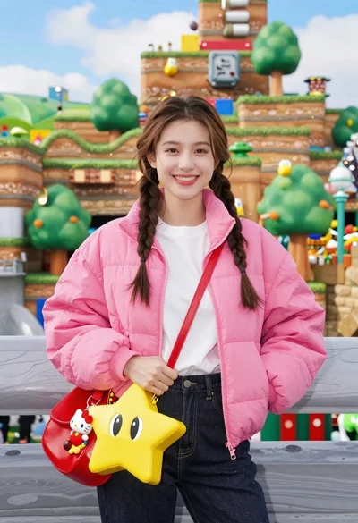 Smiling young woman in pink puffer jacket at a mario theme park