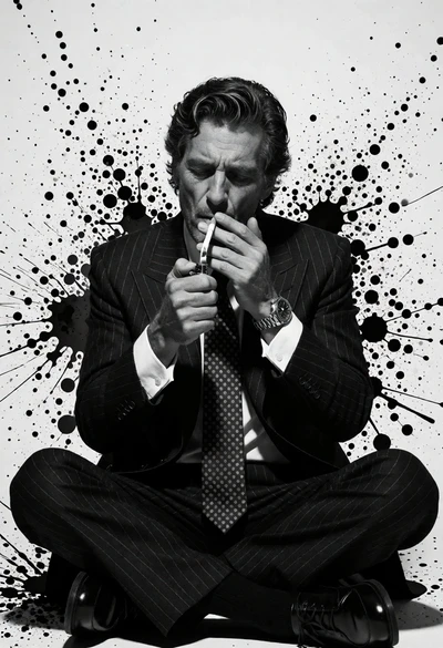 Man in pinstripe suit lighting cigarette amidst black ink splash on white
