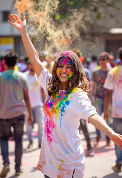 Young woman in white dress throwing colorful powder at outdoor festival