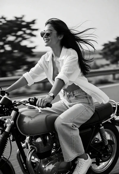 Young woman riding classic motorcycle on open road with motion blur